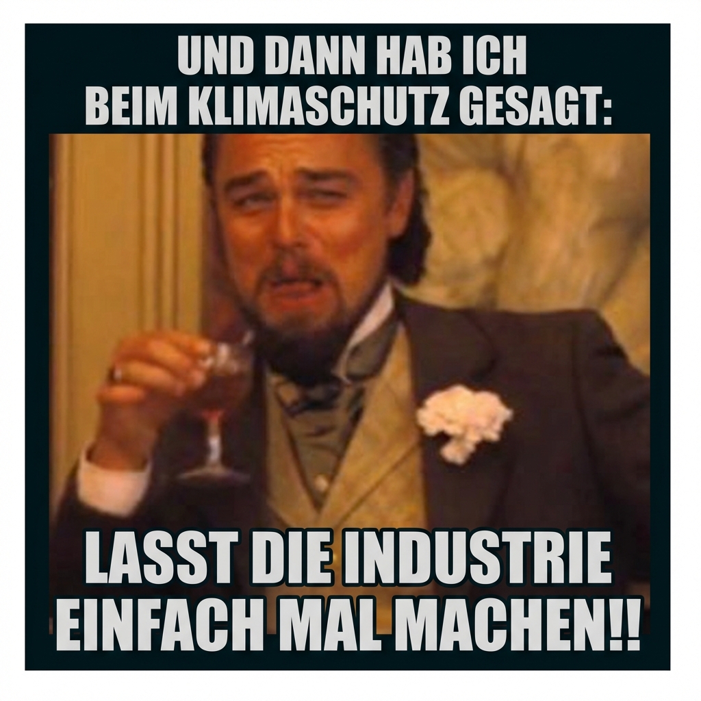 Mann im Anzug lacht mit Drink, Meme-Text sarkastisch zu Klimaschutz: "Lasst die Industrie einfach mal machen!"